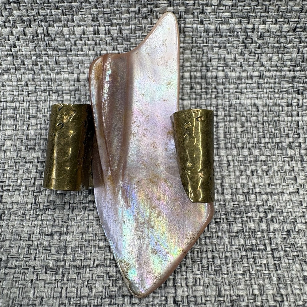Artisan Iridescent Pink Abalone Shell Hammered Brass Brooch Pin Organic Vintage
